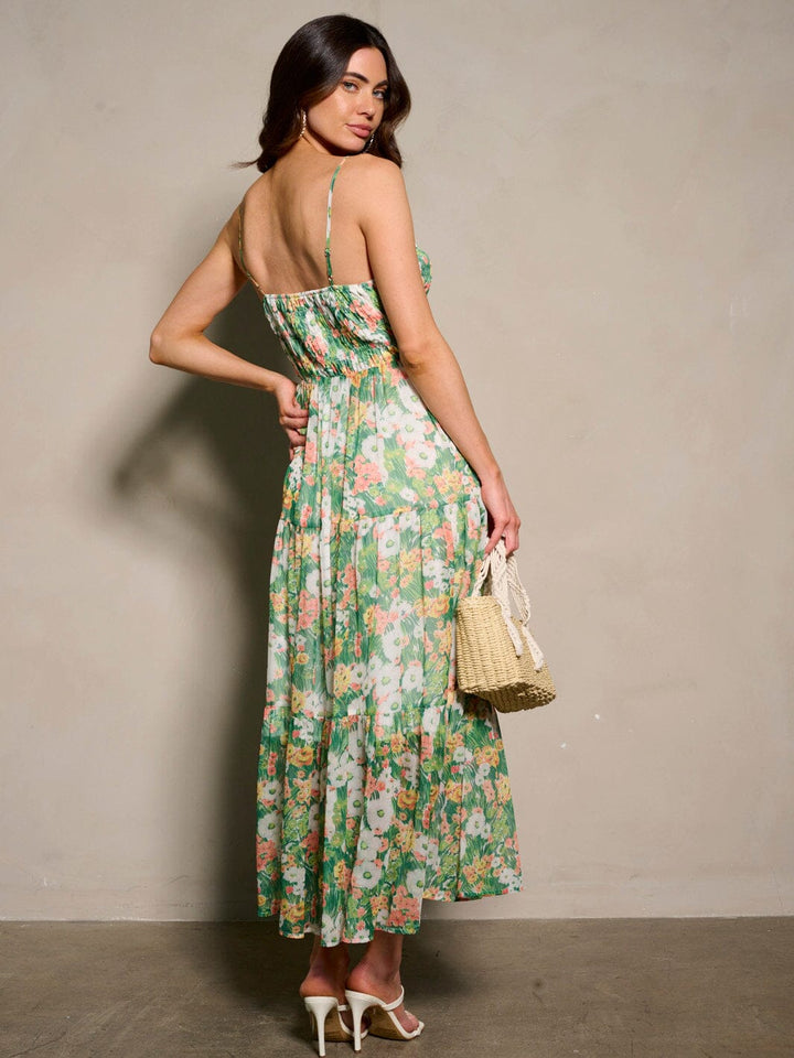 WOMEN'S SLEEVELESS SMOCK V-NECK POCKETS FLORAL PRINT MAXI DRES