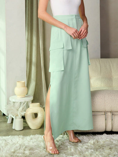 WOMEN'S BUTTON CLOSURE CARGO POCKETS MAXI SKIRT