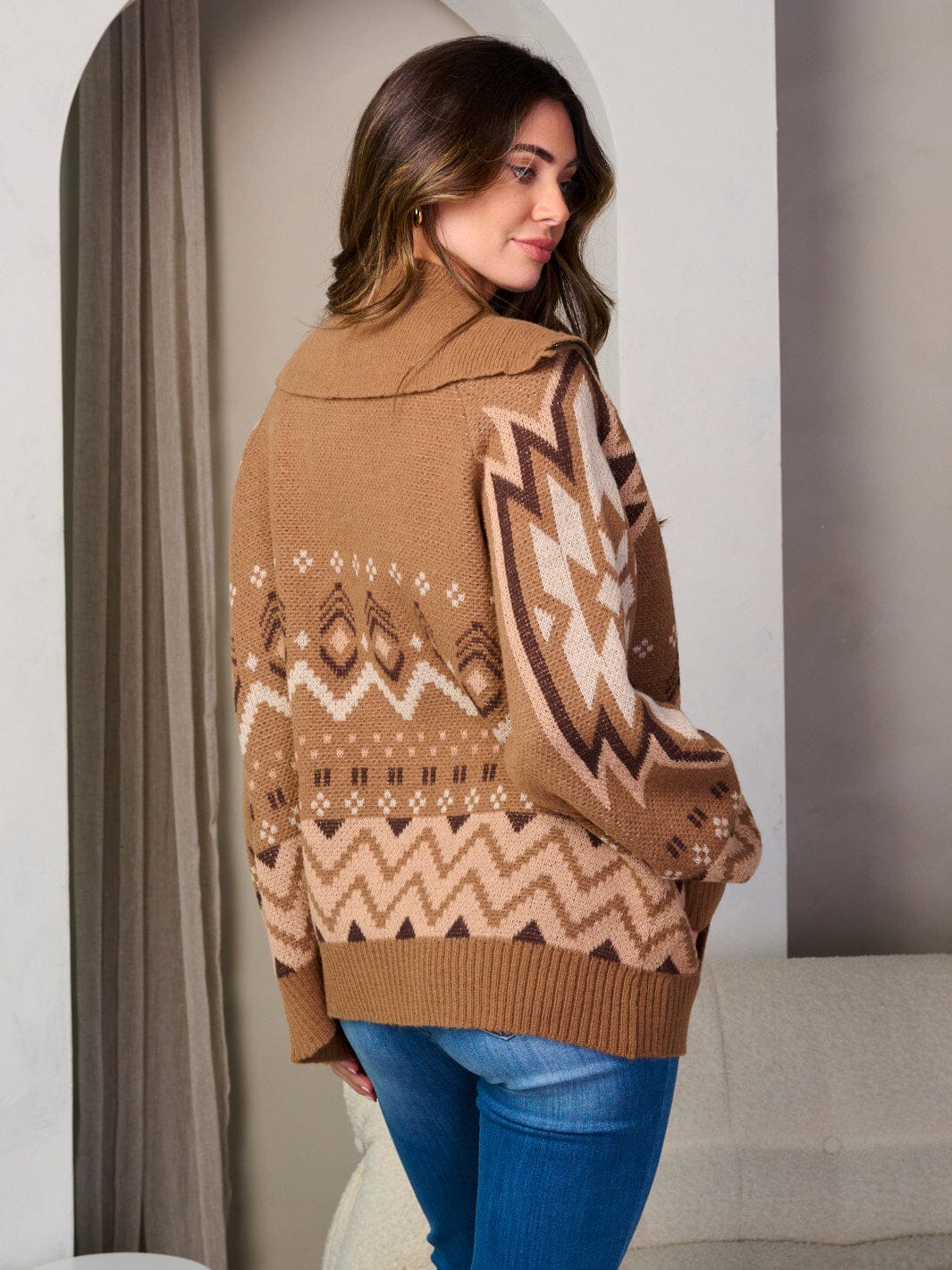 WOMEN'S LONG SLEEVE ZIP UP FRONT POCKETS MULTI PRINT SWEATER