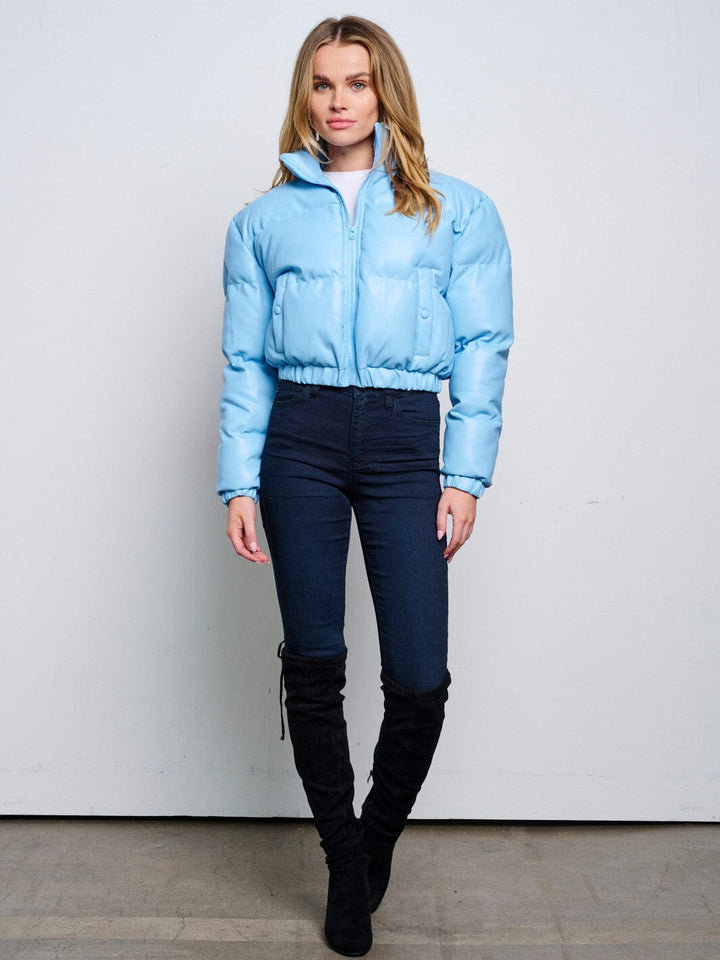 WOMEN'S LONG SLEEVE ZIP UP FRONT POCKETS PUFFER PU PLEATHER JACKET