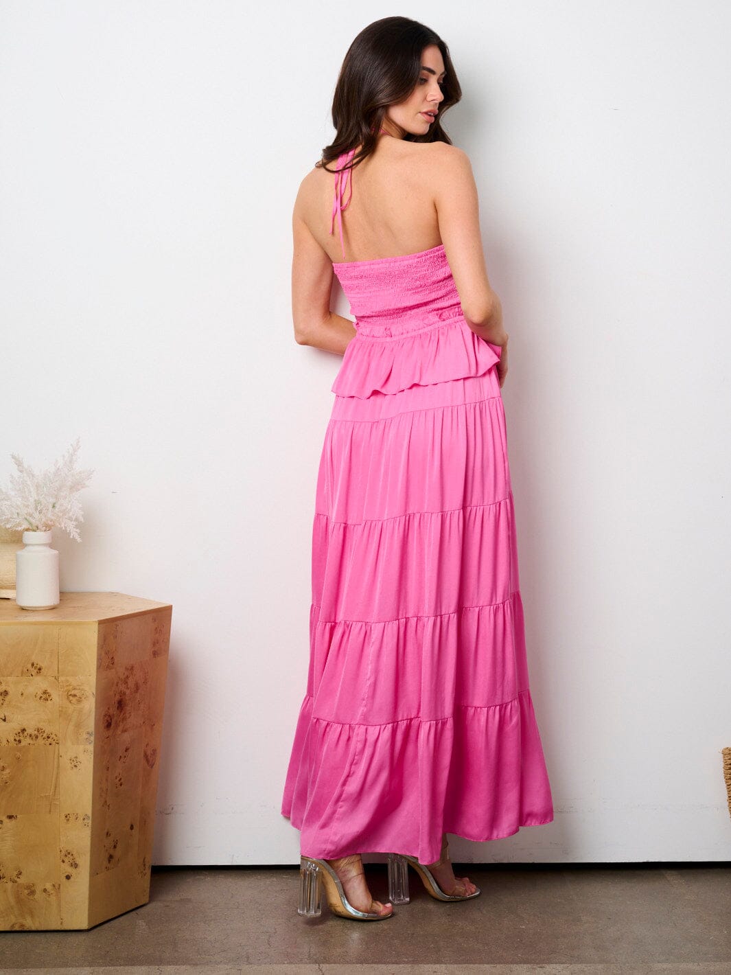 WOMEN'S SLEEVELESS HALTER NECK RUFFLE TIERED MAXI DRESS