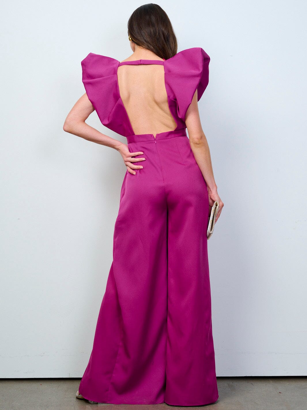 WOMEN'S RUFFLE SLEEVES V-NECK FRONT SLIT OPEN BACK WIDE LEG JUMPSUIT