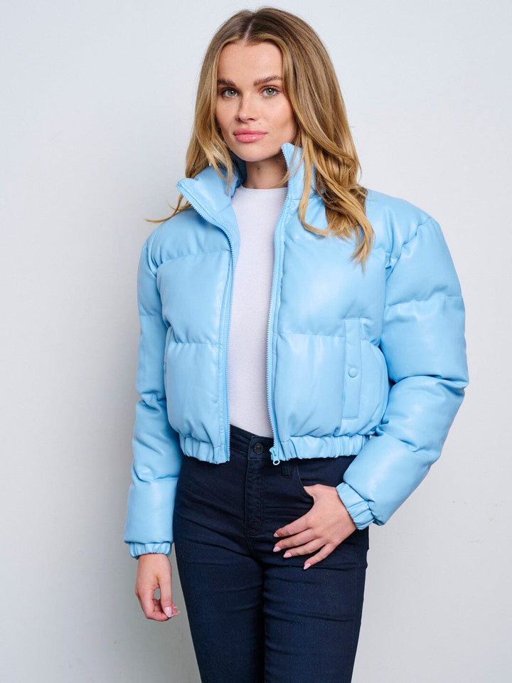 WOMEN'S LONG SLEEVE ZIP UP FRONT POCKETS PUFFER PU PLEATHER JACKET