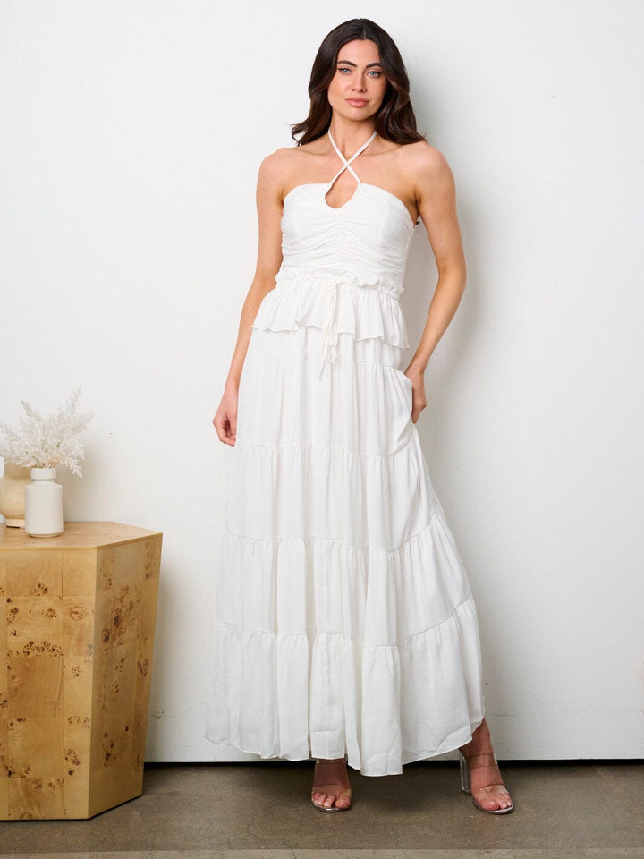 WOMEN'S SLEEVELESS HALTER NECK RUFFLE TIERED MAXI DRESS