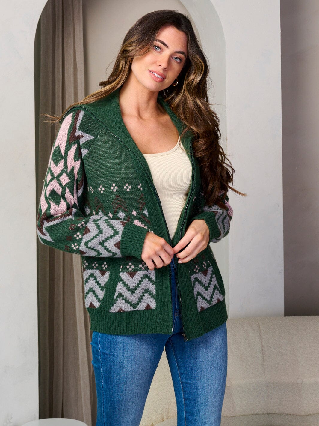 WOMEN'S LONG SLEEVE ZIP UP FRONT POCKETS MULTI PRINT SWEATER