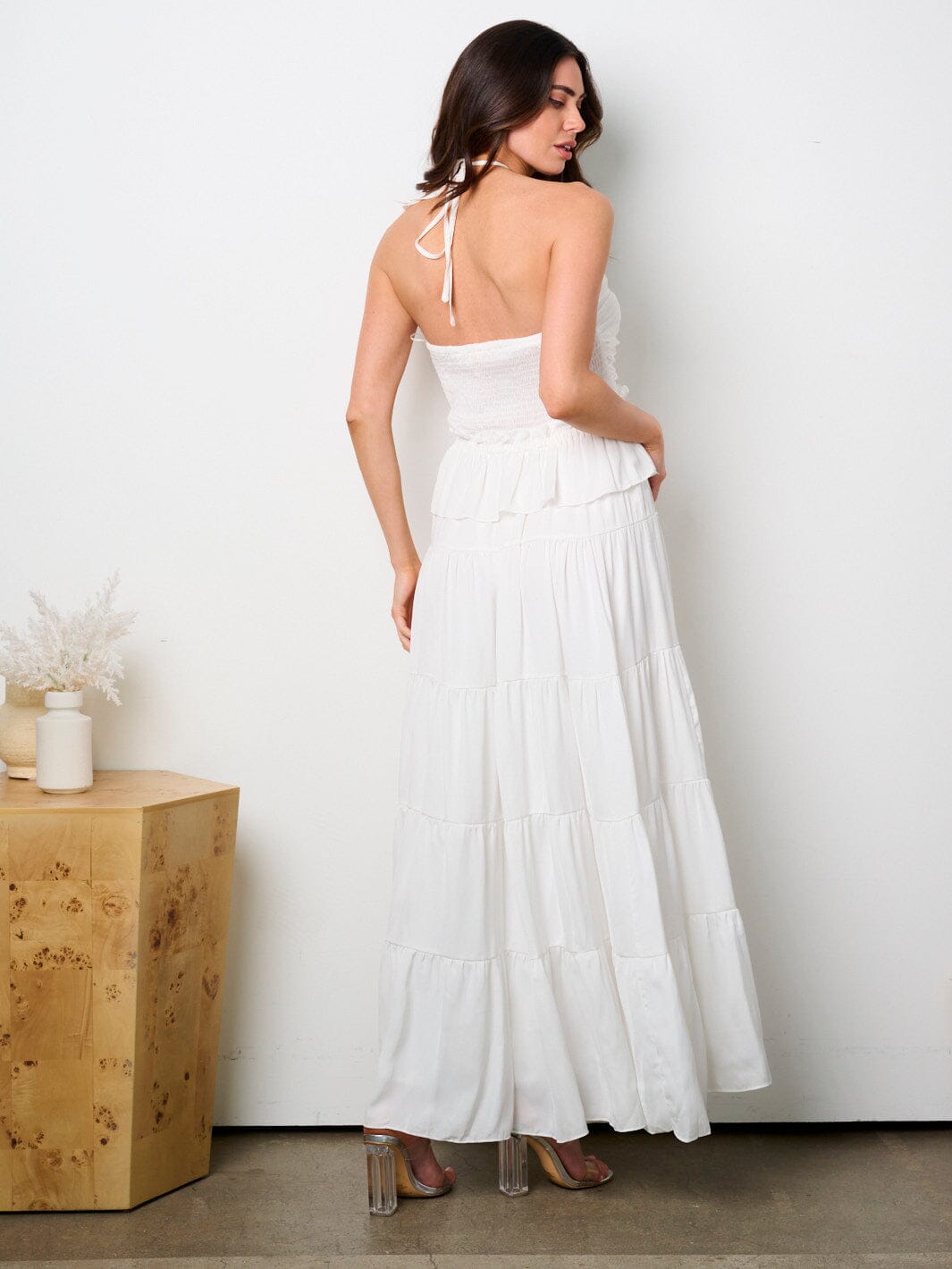 WOMEN'S SLEEVELESS HALTER NECK RUFFLE TIERED MAXI DRESS