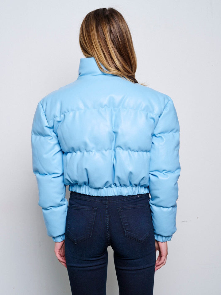 WOMEN'S LONG SLEEVE ZIP UP FRONT POCKETS PUFFER PU PLEATHER JACKET