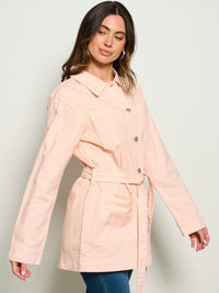 WOMEN'S LONG SLEEVE BUTTON UP SELF TIE POCKETS DENIM JACKET