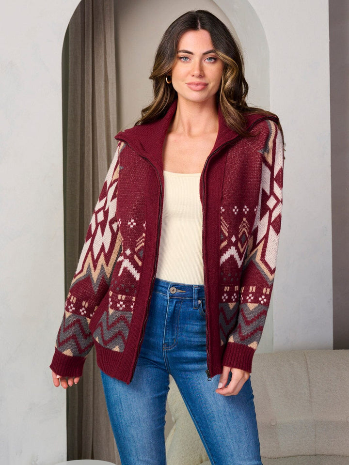 WOMEN'S LONG SLEEVE ZIP UP FRONT POCKETS MULTI PRINT SWEATER