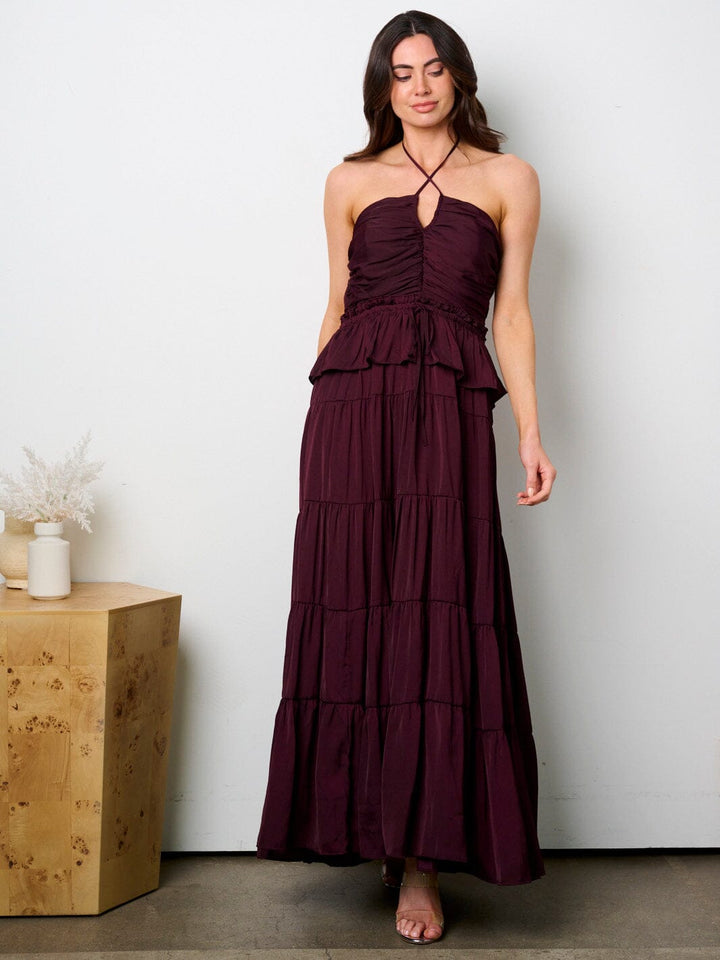 WOMEN'S SLEEVELESS HALTER NECK RUFFLE TIERED MAXI DRESS