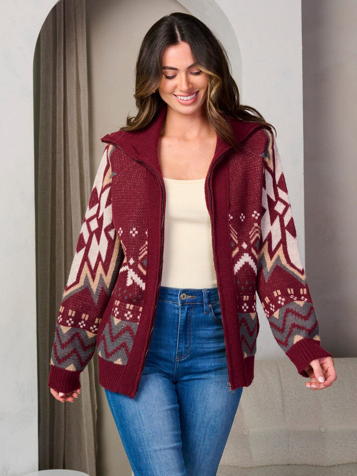 WOMEN'S LONG SLEEVE ZIP UP FRONT POCKETS MULTI PRINT SWEATER