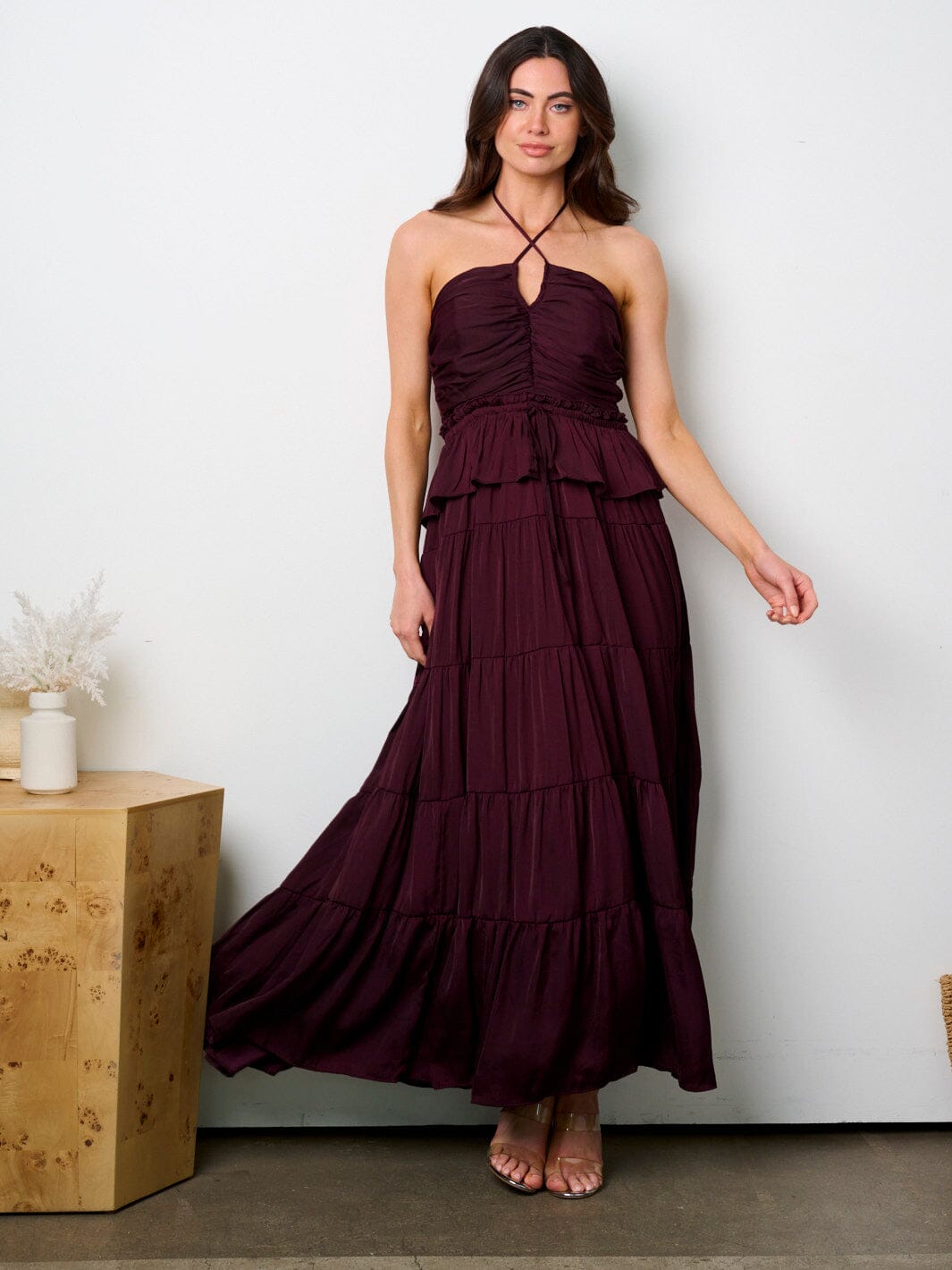 WOMEN'S SLEEVELESS HALTER NECK RUFFLE TIERED MAXI DRESS