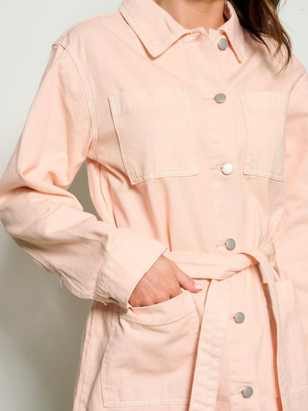 WOMEN'S LONG SLEEVE BUTTON UP SELF TIE POCKETS DENIM JACKET