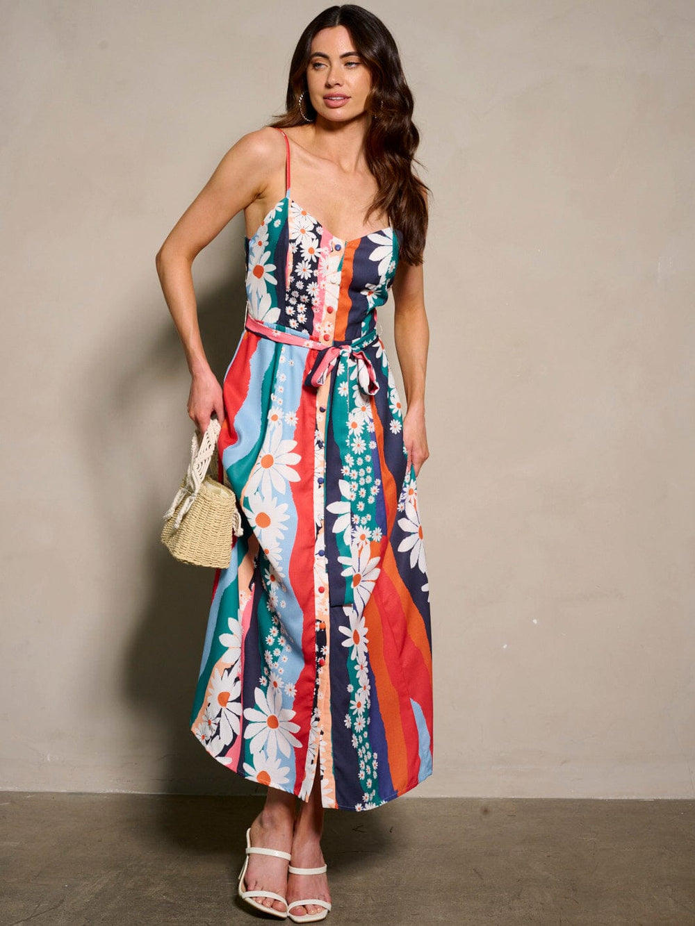 WOMEN'S SLEEVELESS V-NECK FLORAL PRINT MAXI DRESS