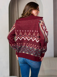 WOMEN'S LONG SLEEVE ZIP UP FRONT POCKETS MULTI PRINT SWEATER