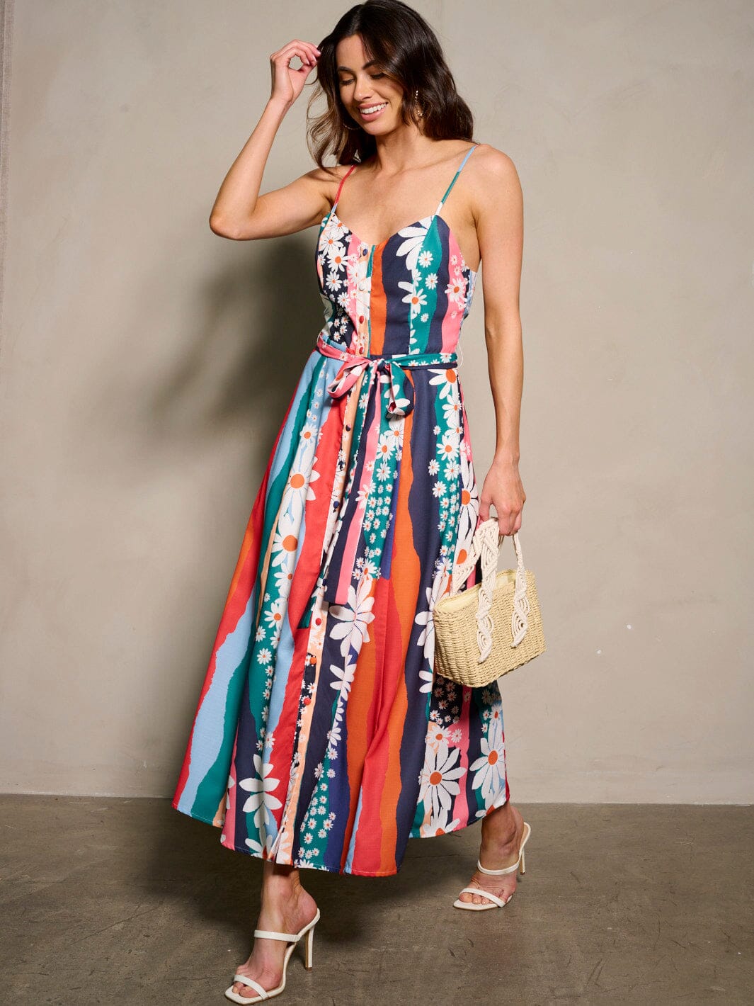 WOMEN'S SLEEVELESS V-NECK FLORAL PRINT MAXI DRESS