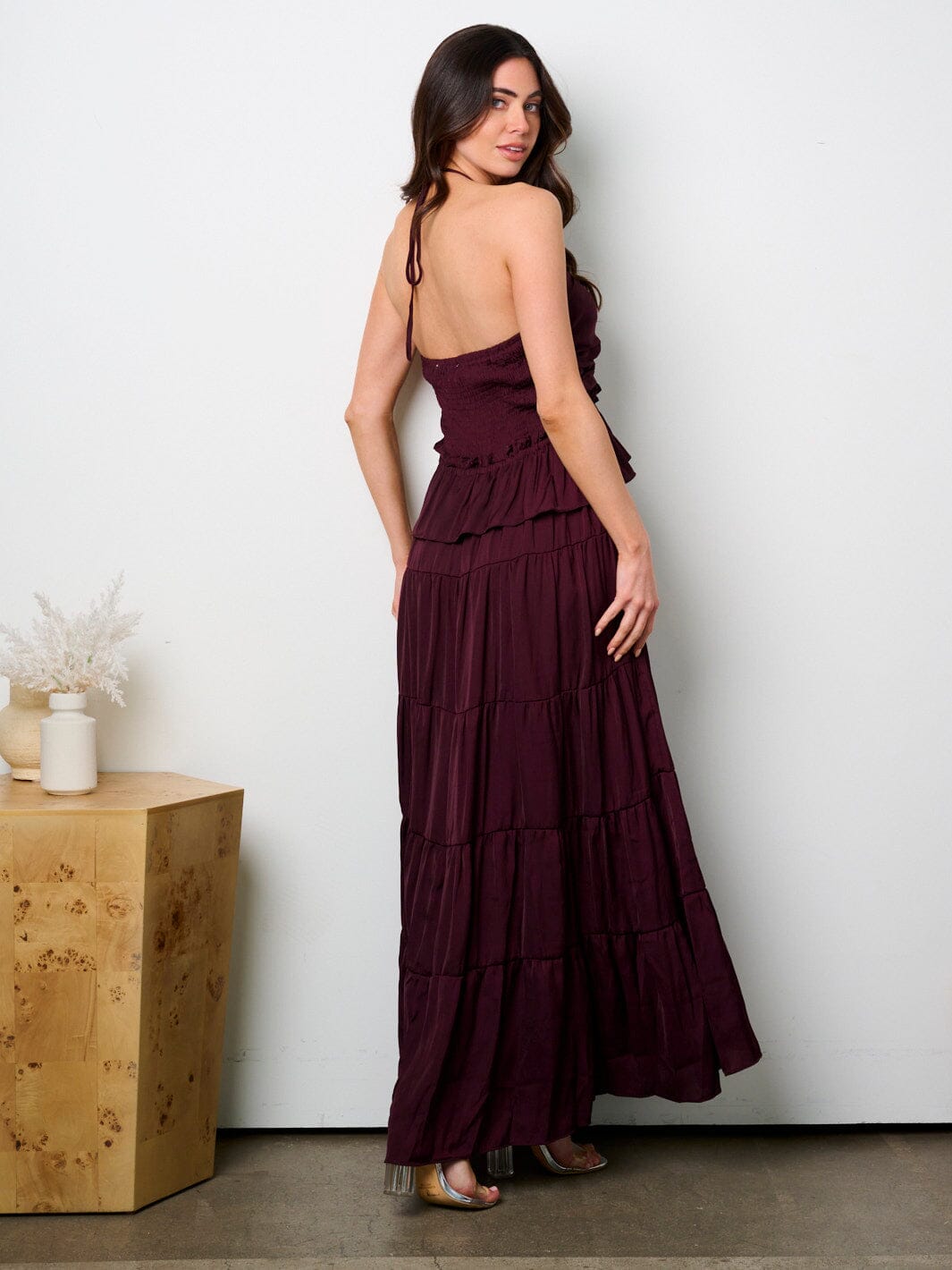 WOMEN'S SLEEVELESS HALTER NECK RUFFLE TIERED MAXI DRESS