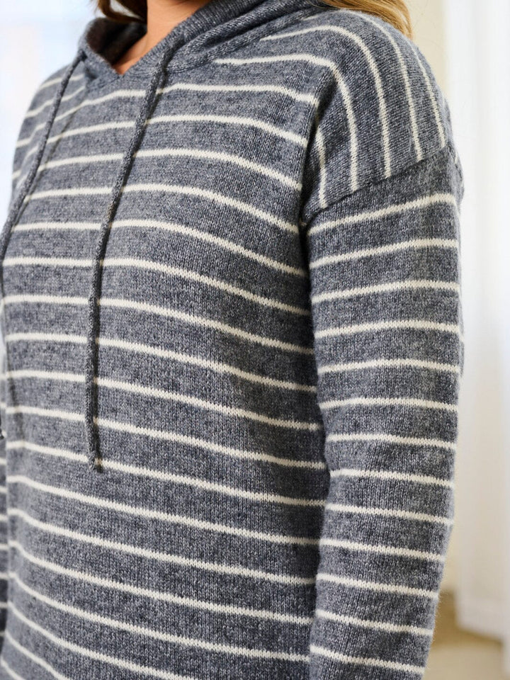 WOMEN'S LONG SLEEVE HOODIE STRIPES SWEATER MIDI DRESS