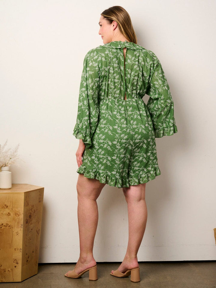 PLUS SIZE LONG SLEEVE V-NECK POCKETS RUFFLE LEAF PRINT ROMPER