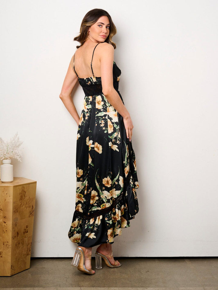 WOMEN'S SLEEVELESS SURPLICE HIGH-LOW FLORAL MAXI DRESS