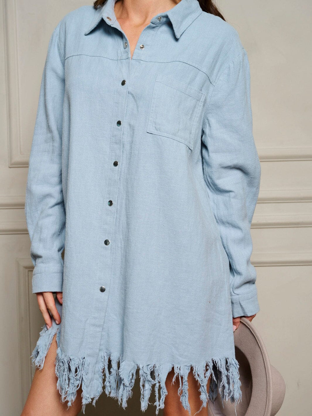 WOMEN'S LONG SLEEVE BUTTON UP FRONT POCKET TASSEL TRIM MINI DRESS