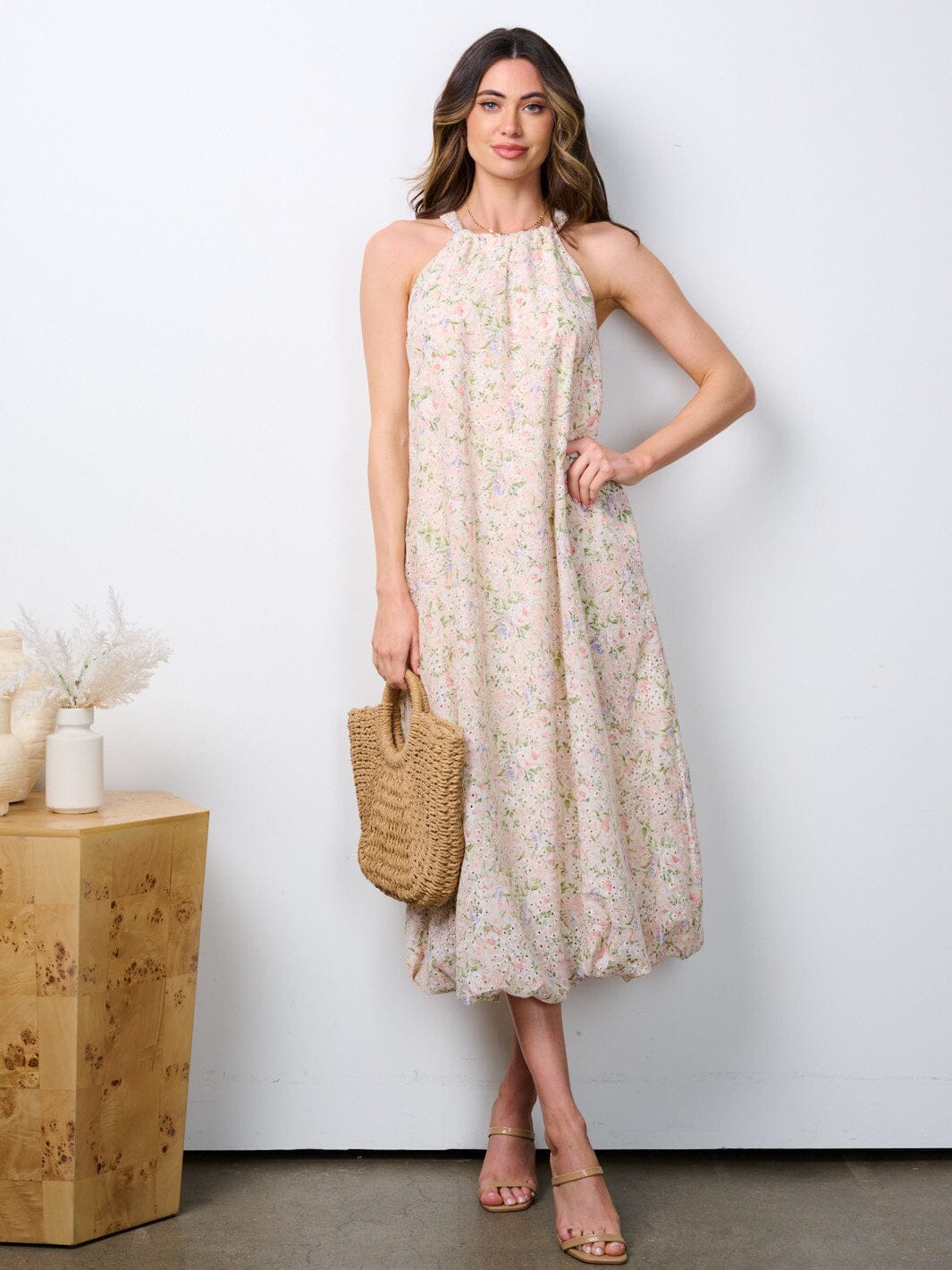 WOMEN'S SLEEVELESS HALTER NECK EYELET TUNIC MAXI DRESS