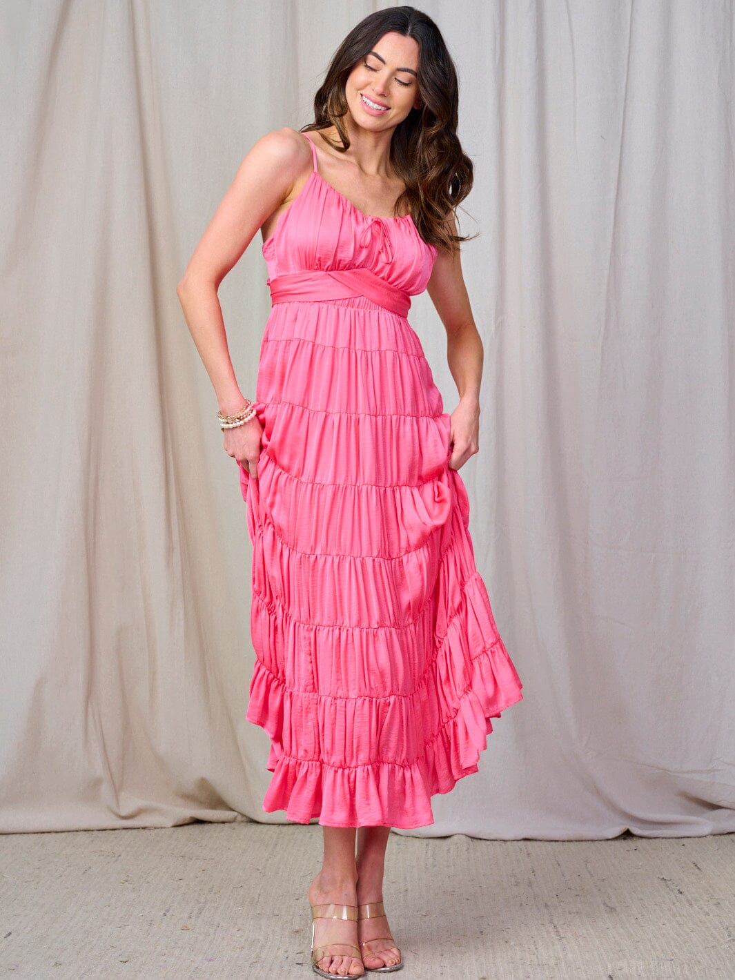 WOMEN'S SLEEVELESS OPEN BACK TIERED RUFFLE MAXI DRESS