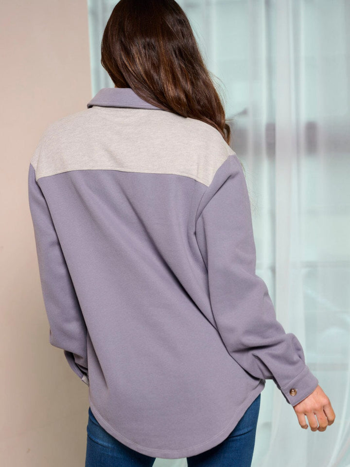 WOMEN'S LONG SLEEVE BUTTON UP COLORBLOCK STARS PRINT OVERSIZED TOP