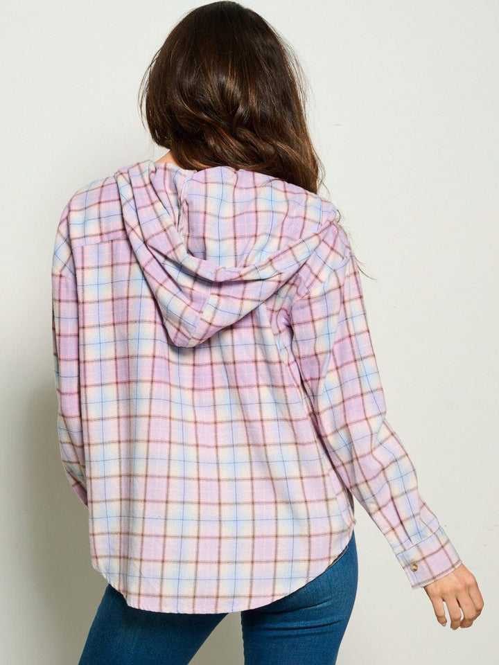 WOMEN'S LONG SLEEVE BUTTON UP HODDIE PLAID TOP