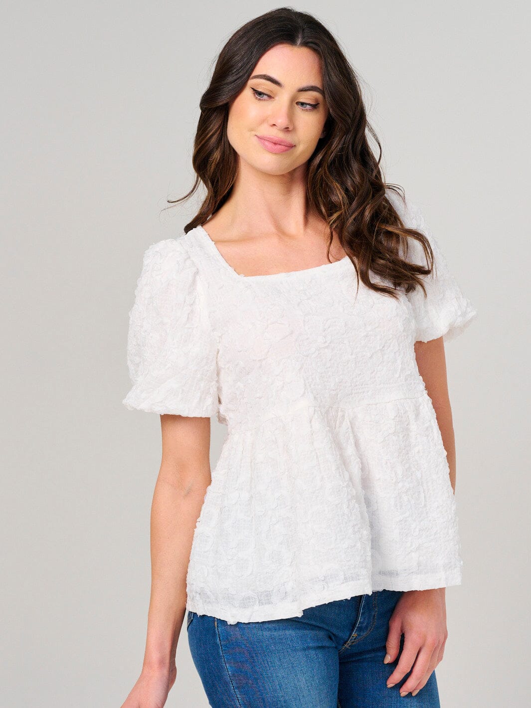 WOMEN'S SHORT PUFF SLEEVE SQUARE NECK DETAILED BLOUSE