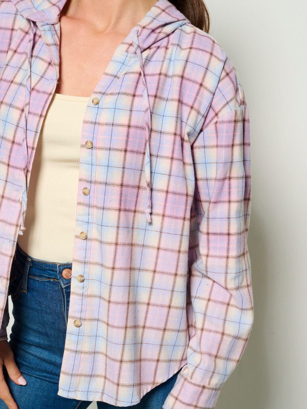 WOMEN'S LONG SLEEVE BUTTON UP HODDIE PLAID TOP