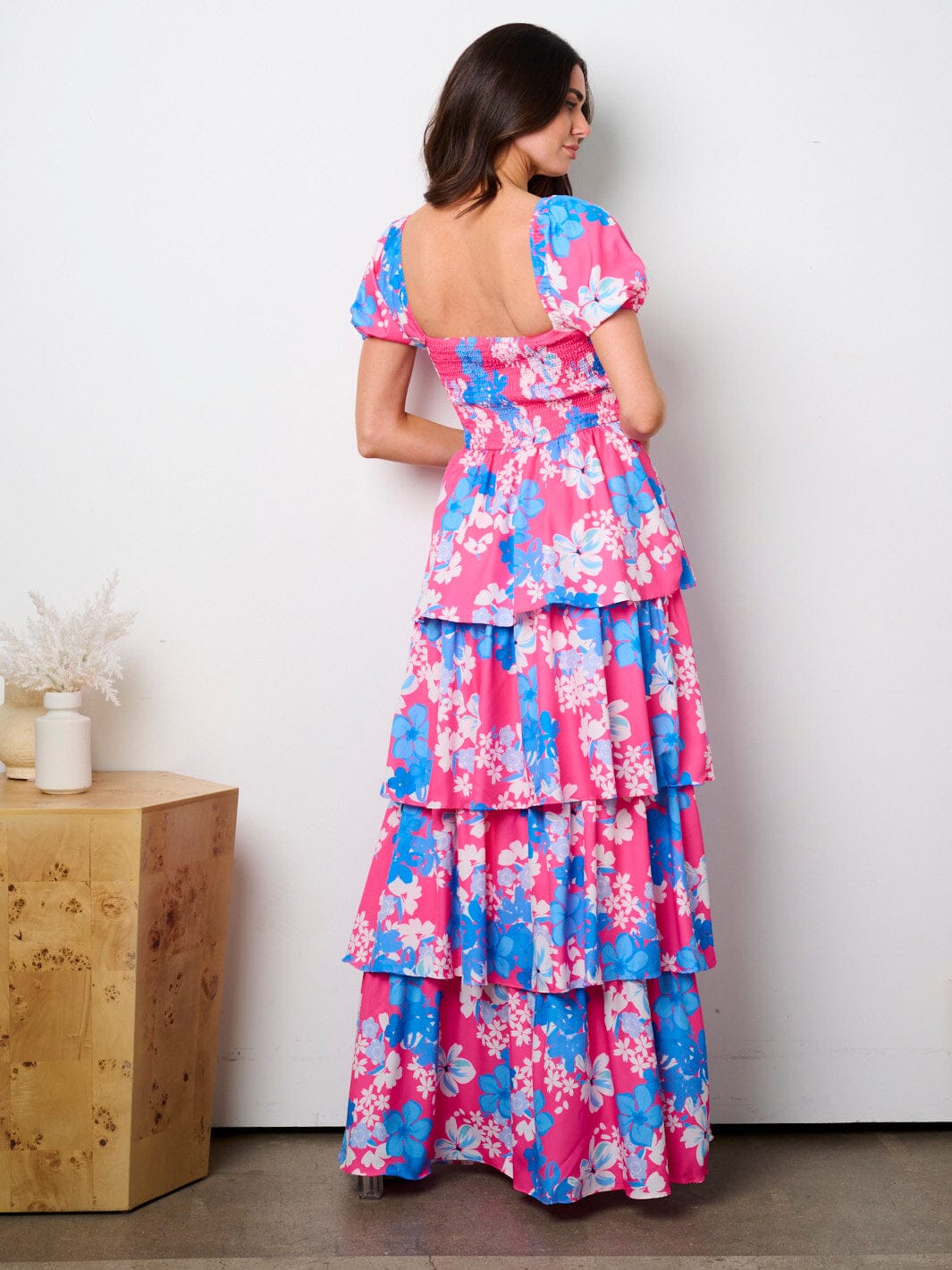 WOMEN'S SHORT PUFF SLEEVE SQUARE NECK FLORAL TIERED MAXI DRESS