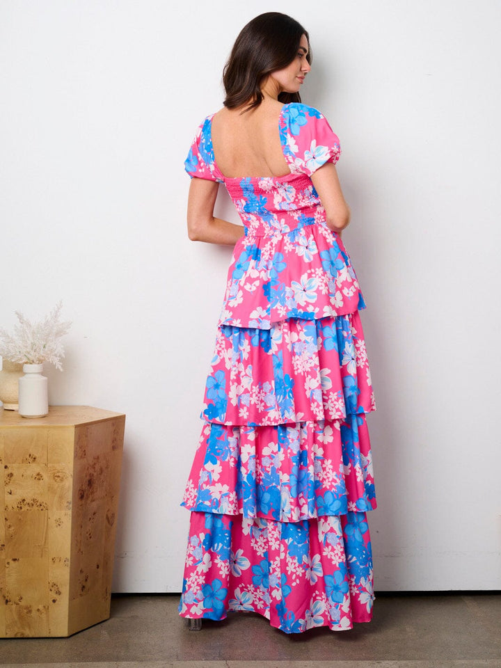 WOMEN'S SHORT PUFF SLEEVE SQUARE NECK FLORAL TIERED MAXI DRESS