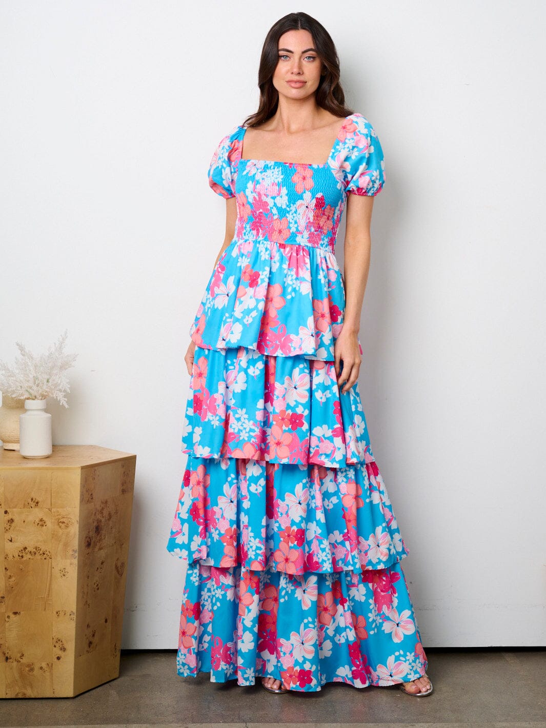 WOMEN'S SHORT PUFF SLEEVE SQUARE NECK FLORAL TIERED MAXI DRESS