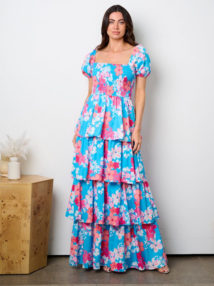 WOMEN'S SHORT PUFF SLEEVE SQUARE NECK FLORAL TIERED MAXI DRESS
