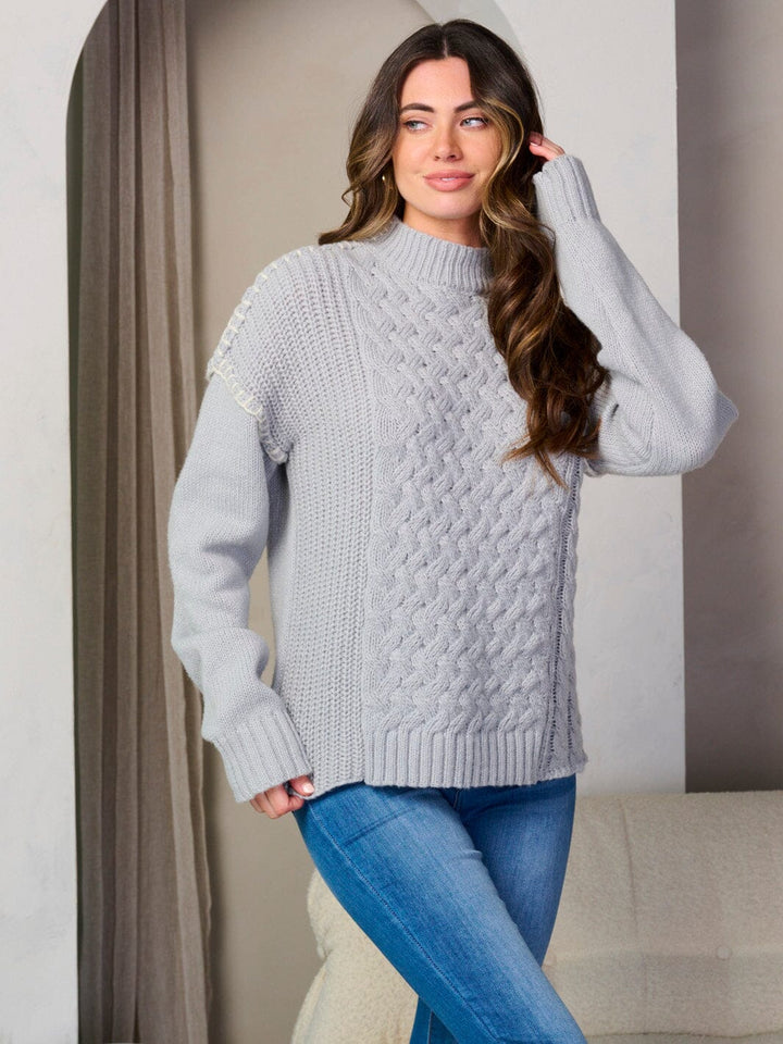 WOMEN'S LONG SLEEVE MOCK NECK TRIM DETAILED PULLOVER SWEATER