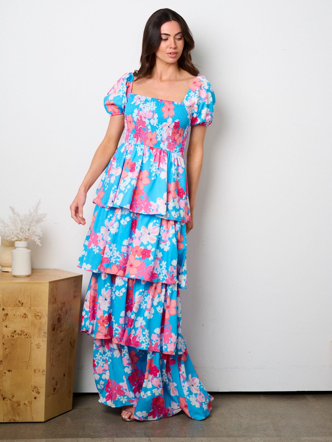 Floral Striped Trim Puff Short Sleeve Dress