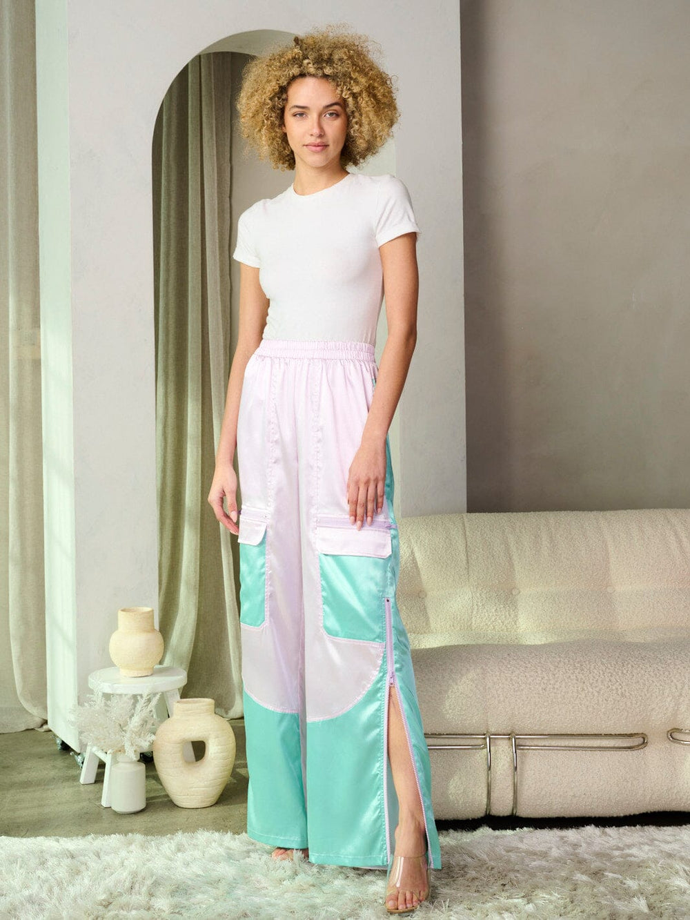 WOMEN'S ELASTIC WAIST POCKETS COLORBLOCK ZIPPER DETAILED WIDE LEG PANTS