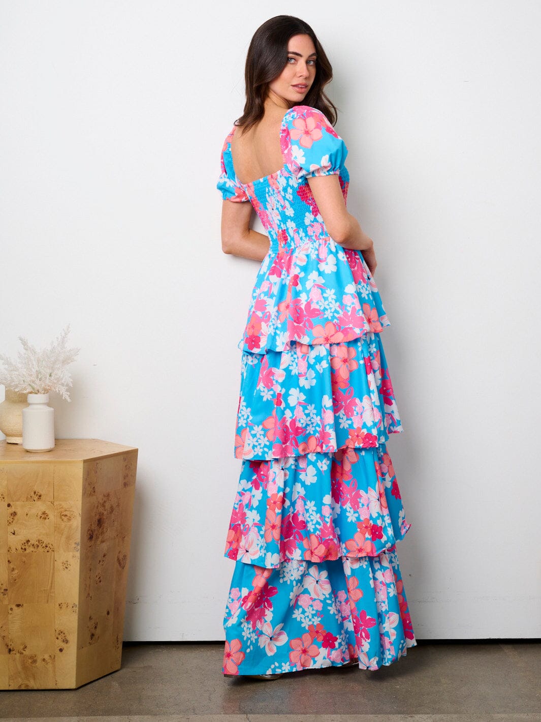WOMEN'S SHORT PUFF SLEEVE SQUARE NECK FLORAL TIERED MAXI DRESS