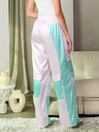 WOMEN'S ELASTIC WAIST POCKETS COLORBLOCK ZIPPER DETAILED WIDE LEG PANTS