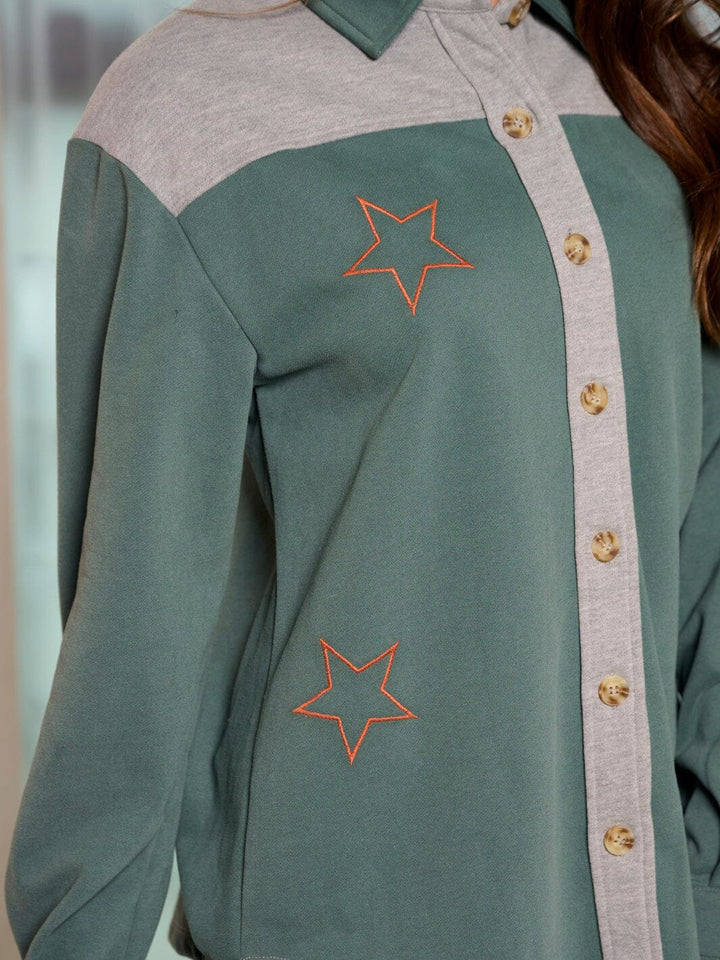 WOMEN'S LONG SLEEVE BUTTON UP COLORBLOCK STARS PRINT OVERSIZED TOP