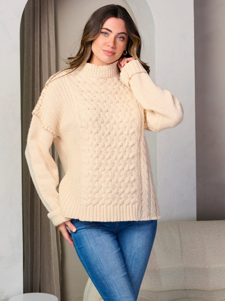 WOMEN'S LONG SLEEVE MOCK NECK TRIM DETAILED PULLOVER SWEATER