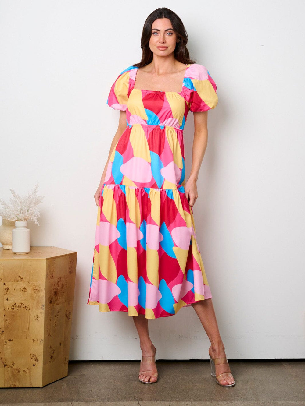 WOMEN'S SHORT PUFF SLEEVE SQUARE NECK BACK CUT OUT PRINTED MIDI DRESS