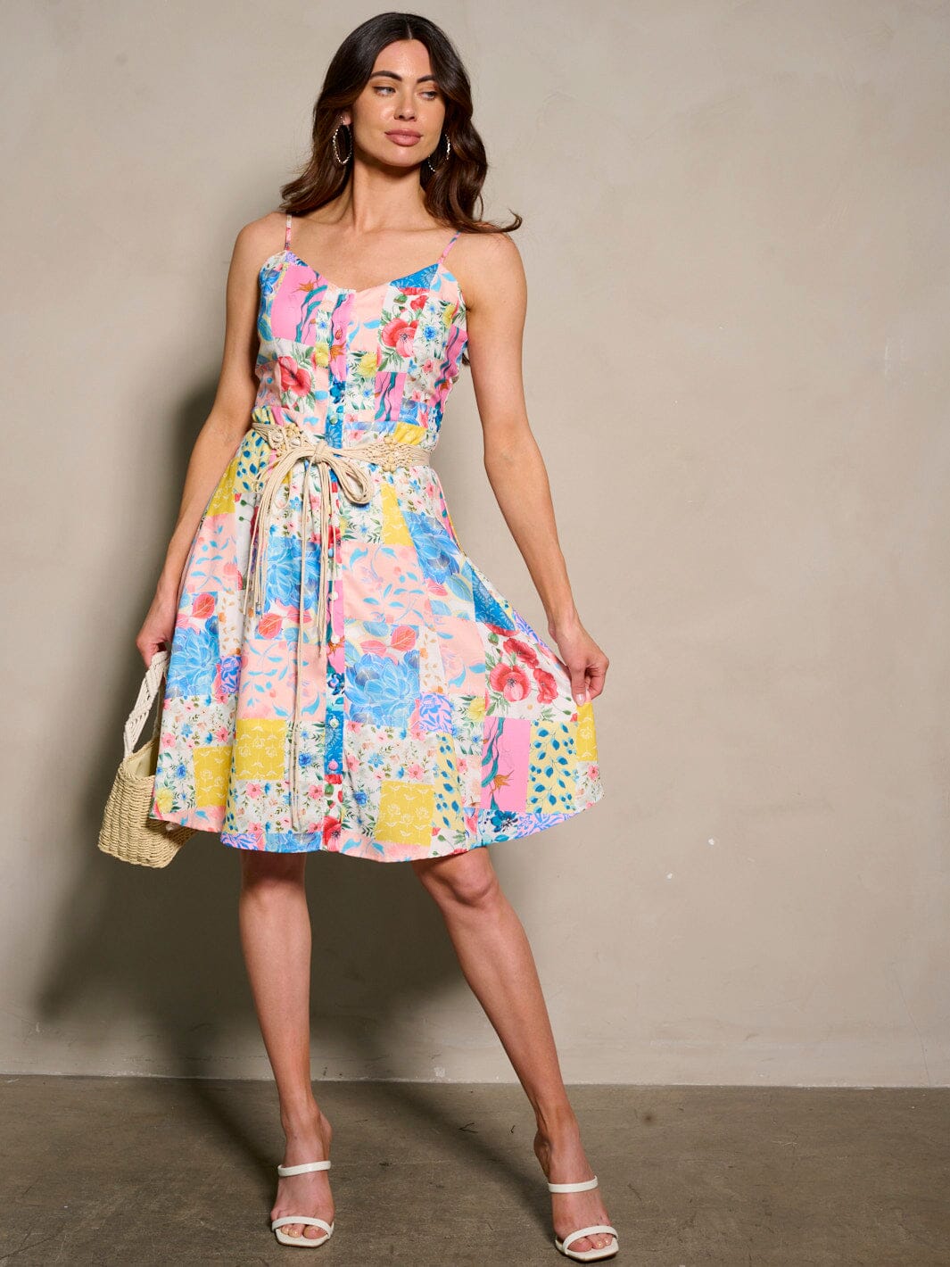WOMEN'S SLEEVELESS BELTED FLORAL PRINT MINI DRESS