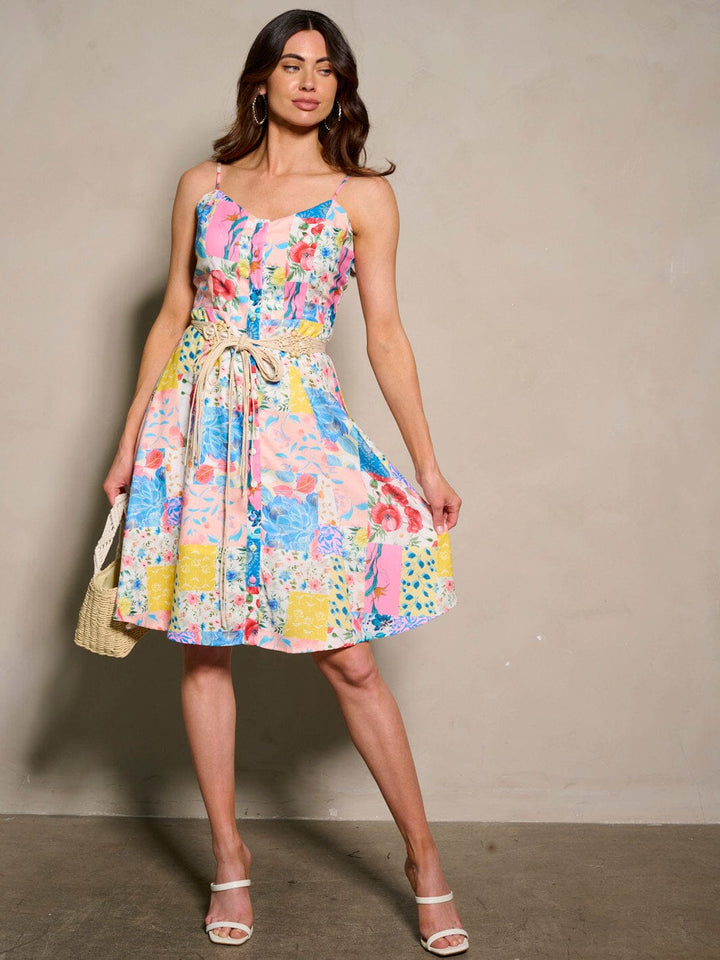 WOMEN'S SLEEVELESS BELTED FLORAL PRINT MINI DRESS