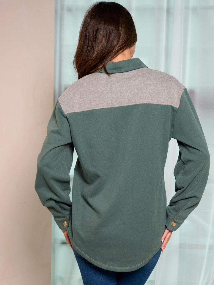 WOMEN'S LONG SLEEVE BUTTON UP COLORBLOCK STARS PRINT OVERSIZED TOP