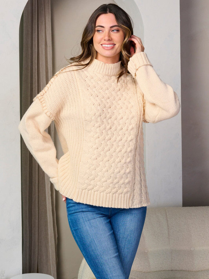 WOMEN'S LONG SLEEVE MOCK NECK TRIM DETAILED PULLOVER SWEATER