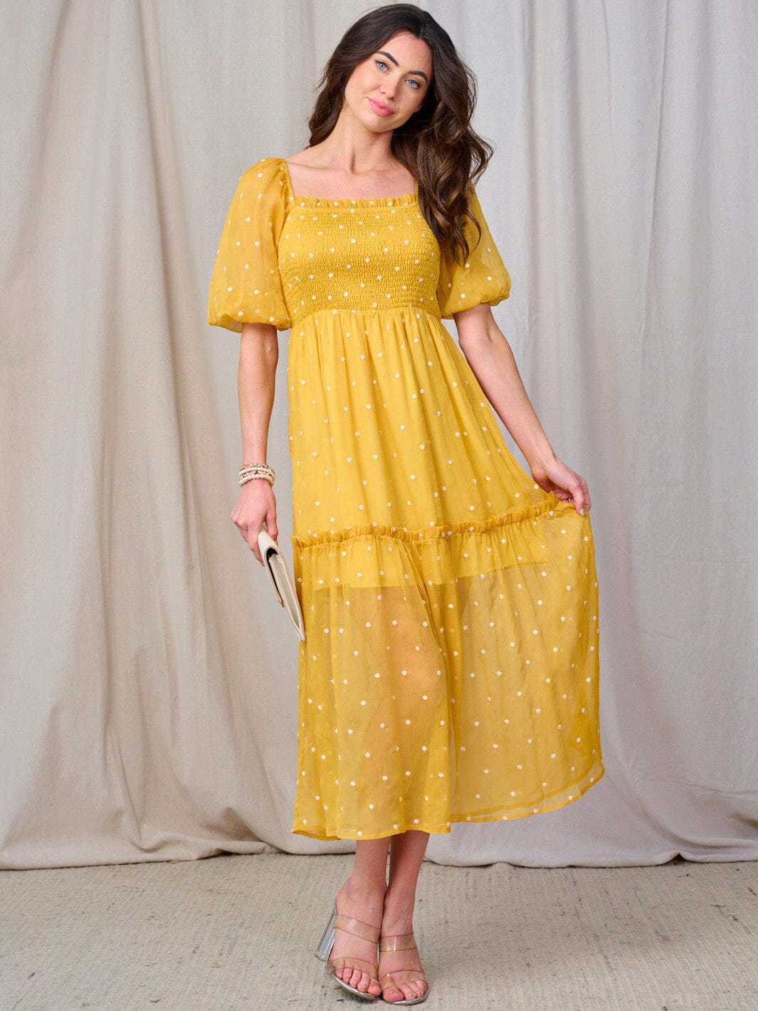 WOMEN'S SHORT PUFF SLEEVE SQUARE NECK SMOCK SWISS DETAILED MAXI DRESS
