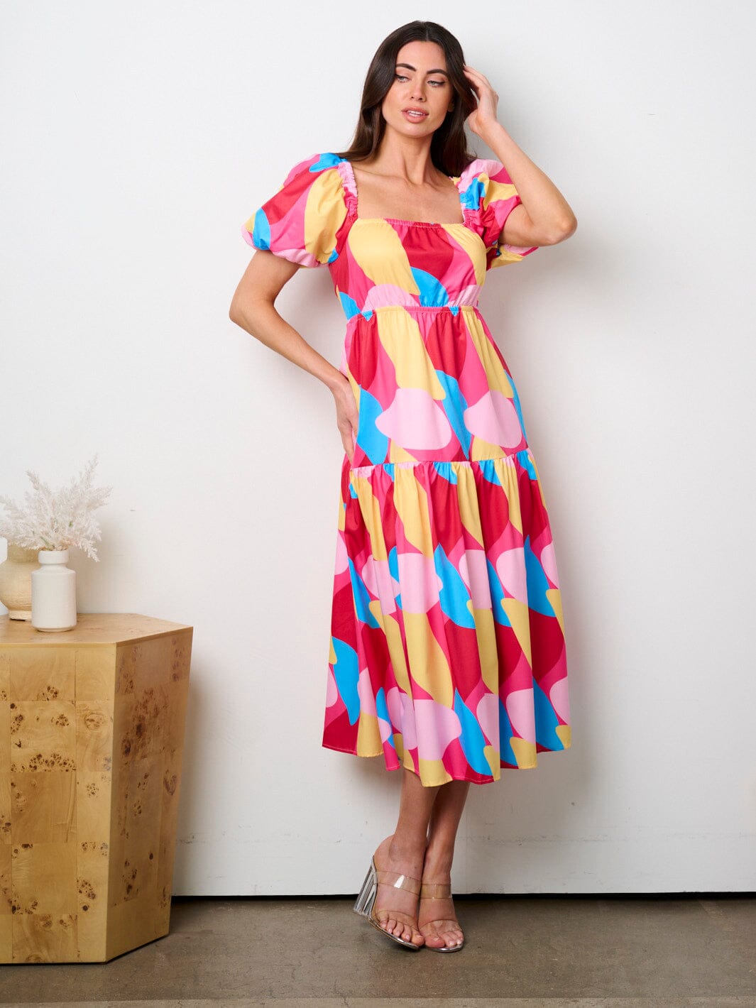 WOMEN'S SHORT PUFF SLEEVE SQUARE NECK BACK CUT OUT PRINTED MIDI DRESS