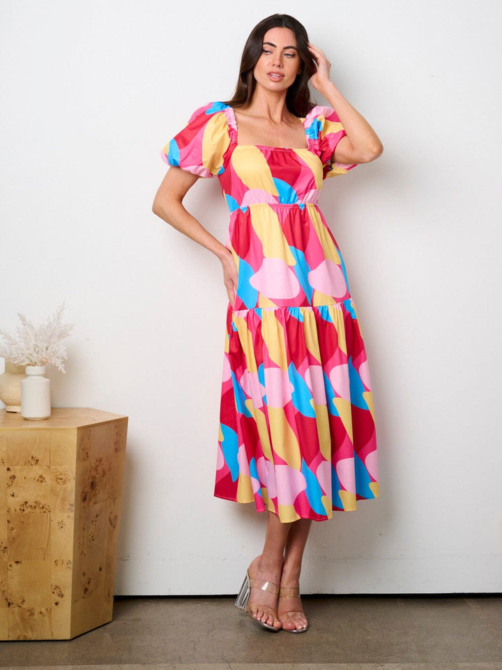 WOMEN'S SHORT PUFF SLEEVE SQUARE NECK BACK CUT OUT PRINTED MIDI DRESS